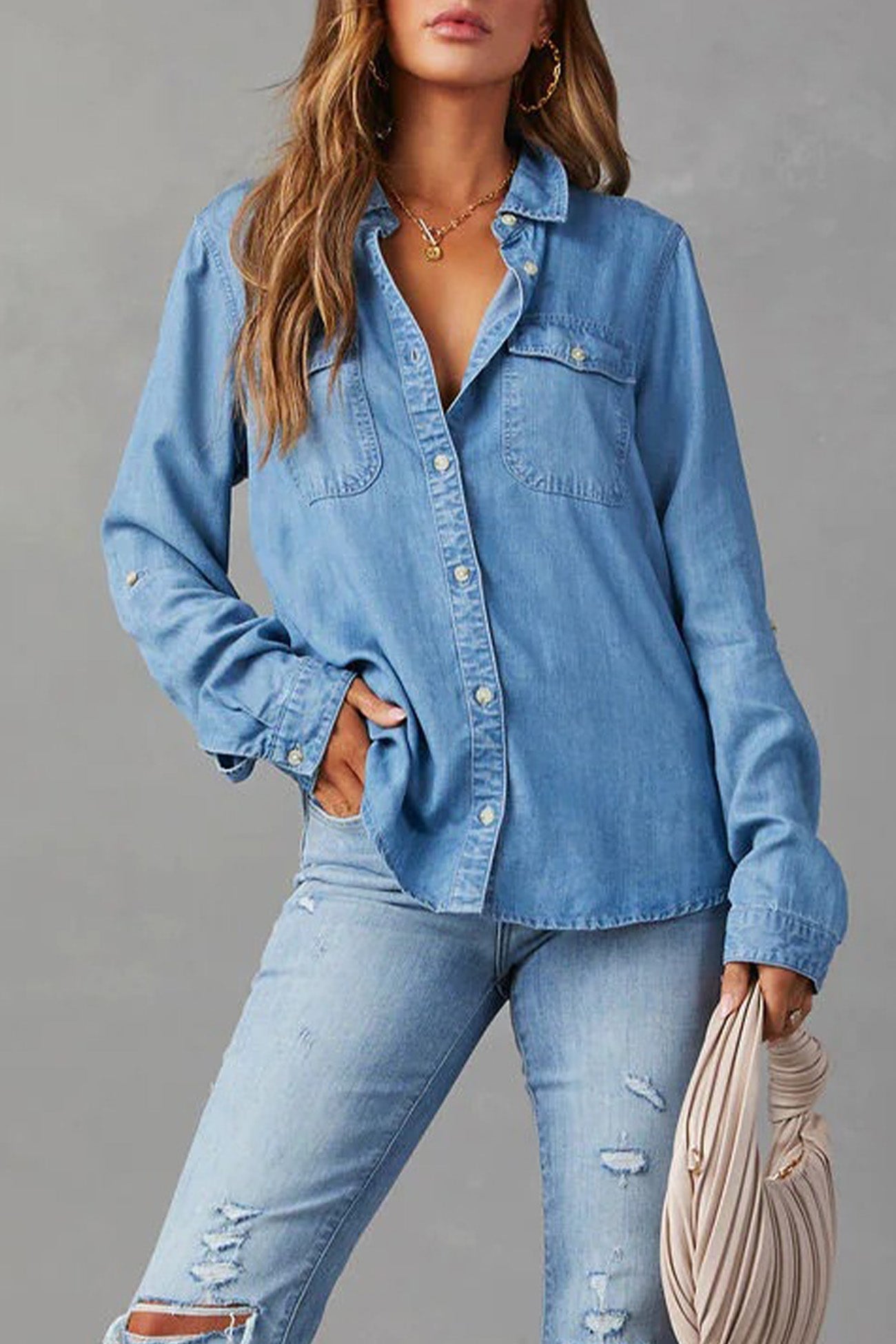 Women's Denim Shirt - Button-Up - Long Sleeve - Classic Collar - Casual Fit