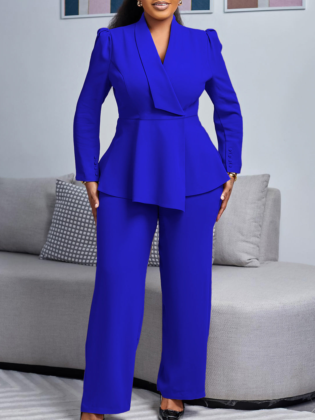 Women’s Pantsuit Set – Peplum Blazer with Shawl Collar – Wide-Leg High-Waist Trousers