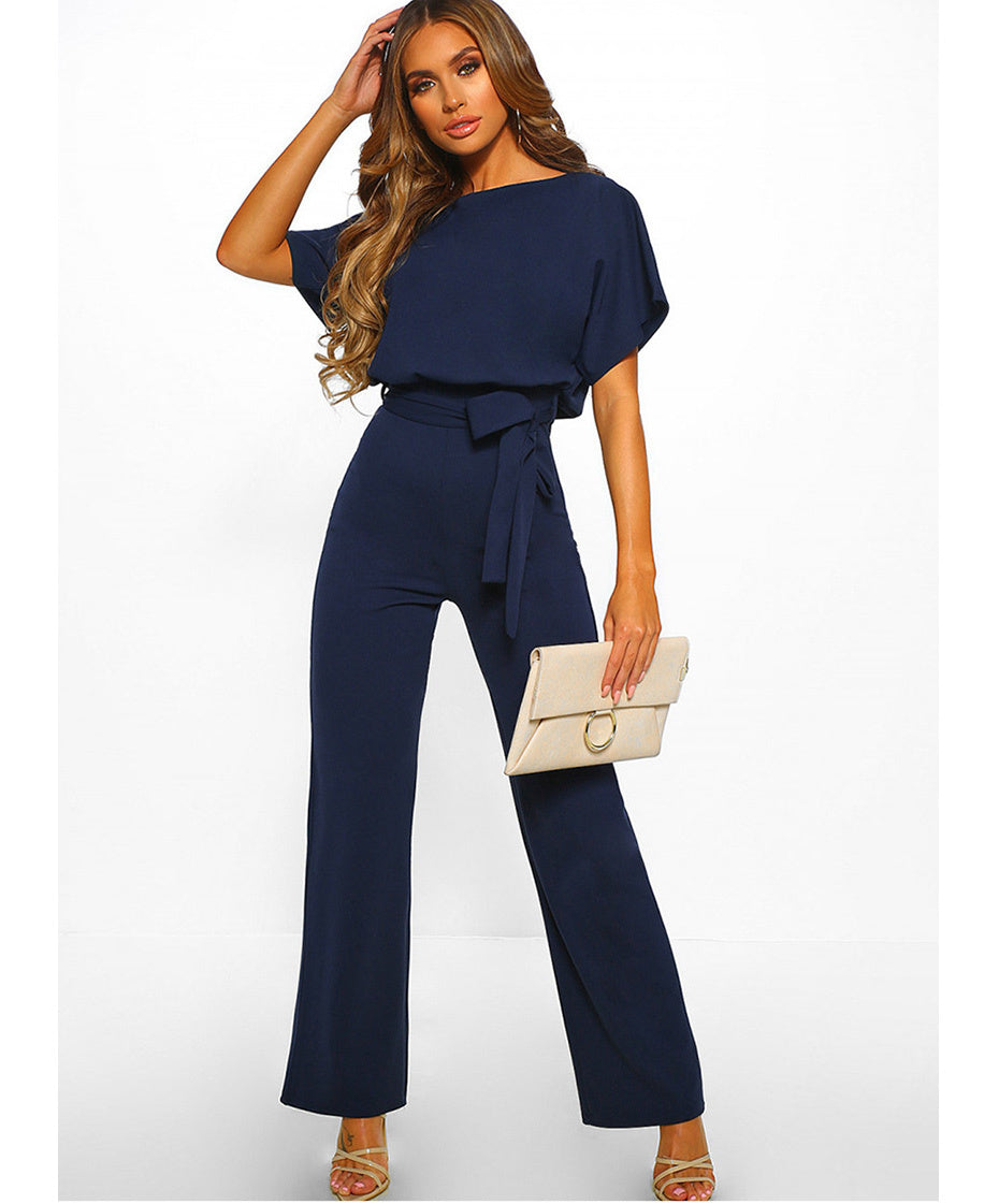 Women's Jumpsuit - Wide Leg Flowy Fit - Short Sleeve Boat Neck - Tie Waist Elegant Style