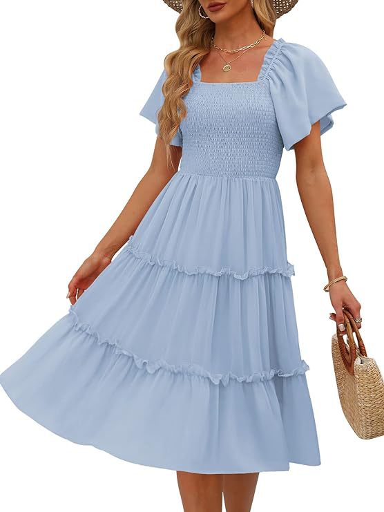 Women's Midi Dress - Square Neck - Smocked Bodice - Tiered Flowy Short Sleeve