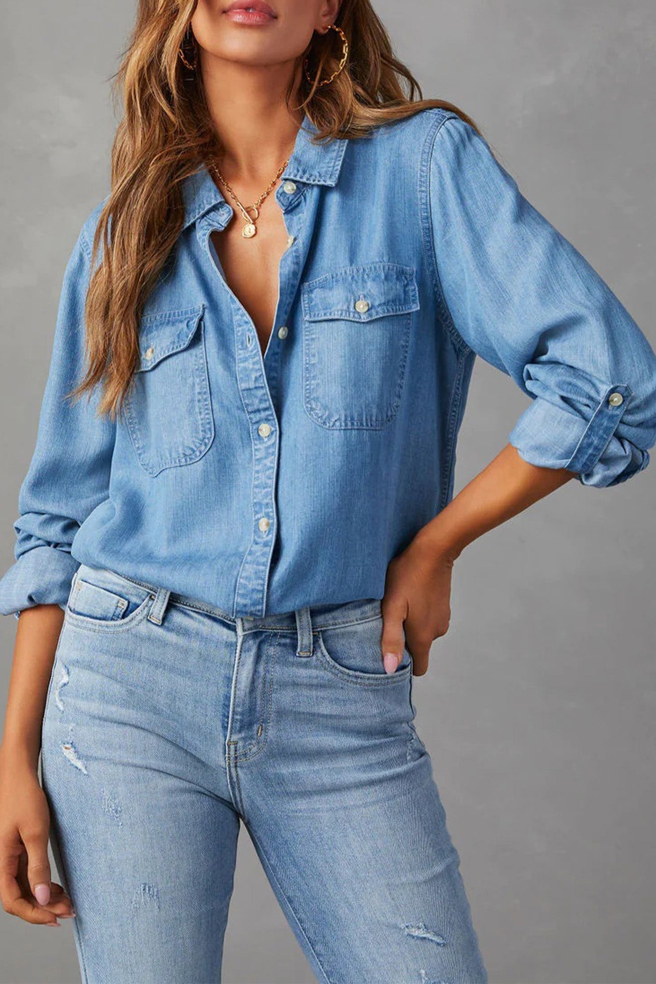 Women's Denim Shirt - Button-Up - Long Sleeve - Classic Collar - Casual Fit
