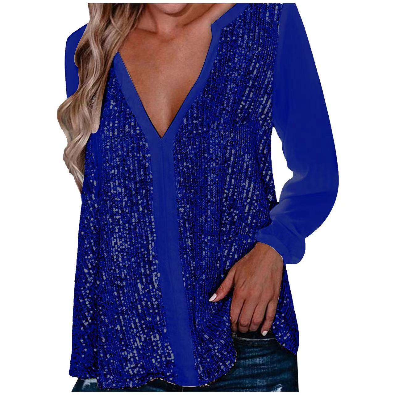 Women's Sequin Blouse - Deep V-Neck - Sheer Long Sleeves - Loose Fit Party Top