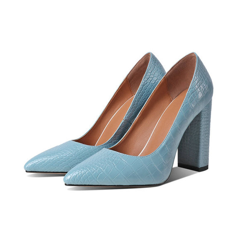 Crocodile Pattern Block Heel Pointed-Toe Pumps
