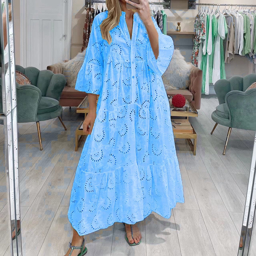 Women's Maxi Dress - Eyelet Lace - V-Neck - 3/4 Sleeve - Flowing Tiered Hem