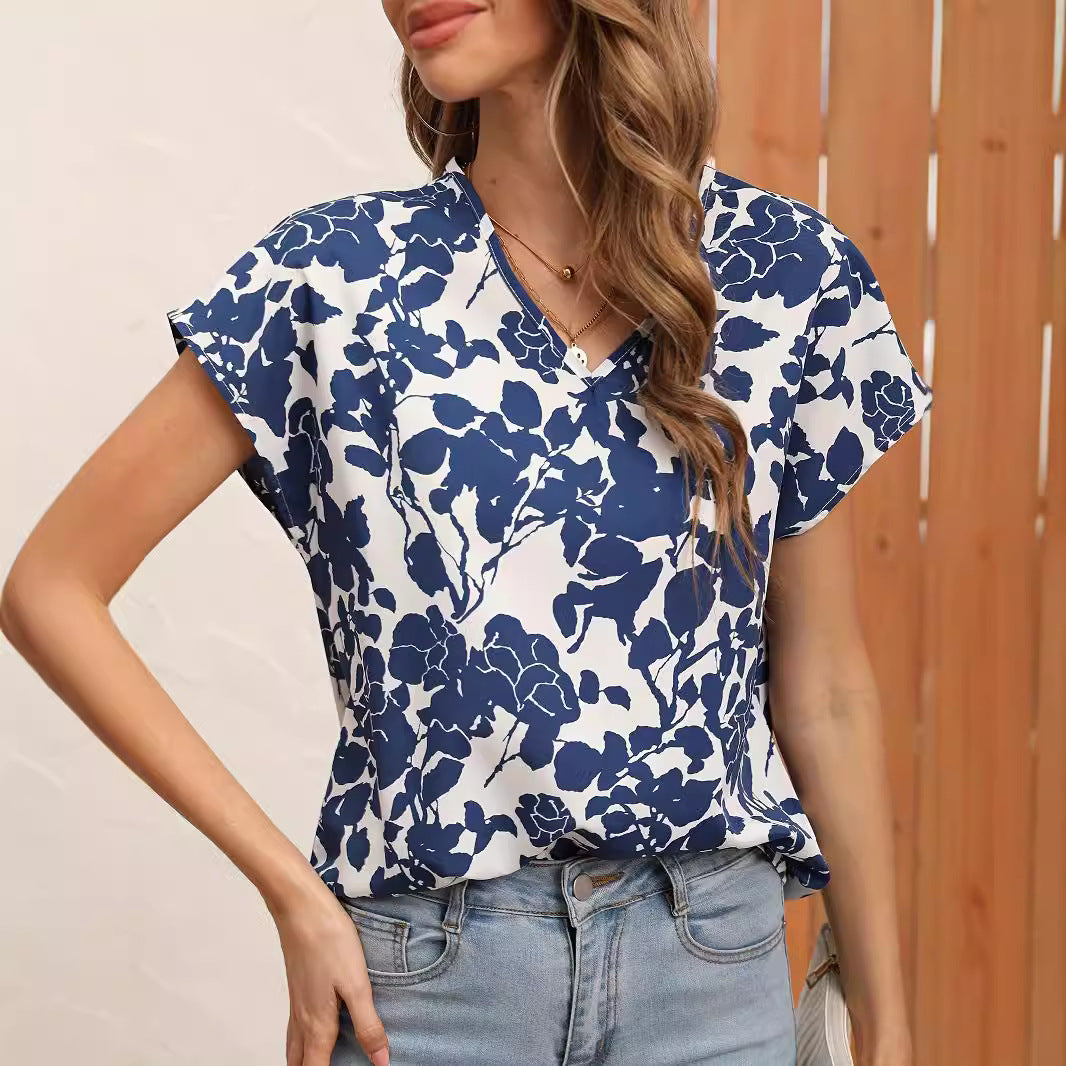 Women's Blouse - V-Neck Loose Fit - Short Sleeve Floral Print Casual Top