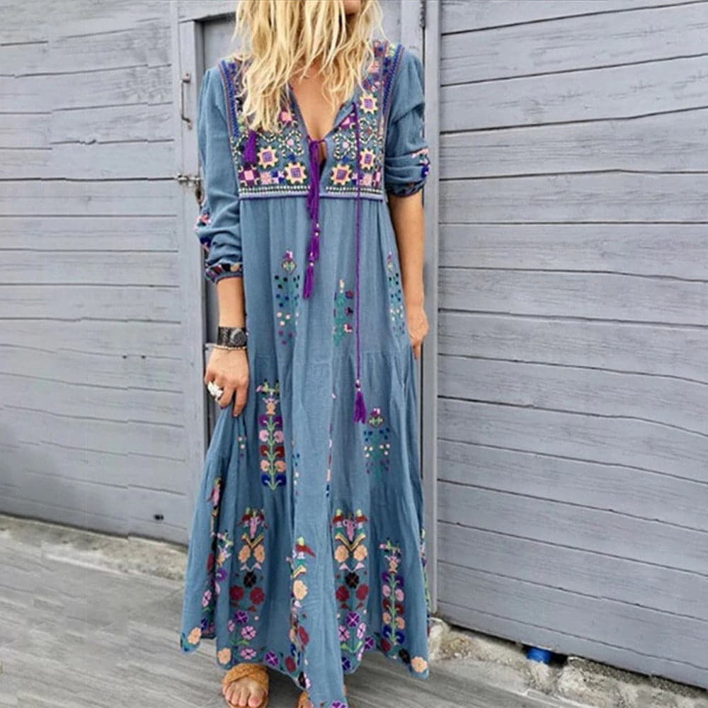 Women’s Maxi Dress – Boho Embroidered – V-Neck with Tassels – Long Sleeve Relaxed Fit