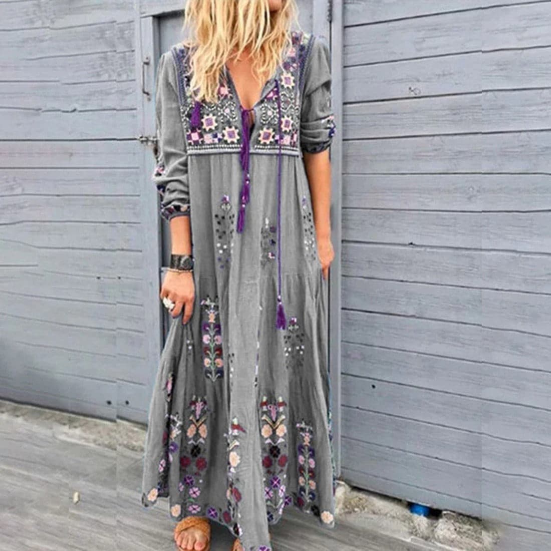 Women’s Maxi Dress – Boho Embroidered – V-Neck with Tassels – Long Sleeve Relaxed Fit