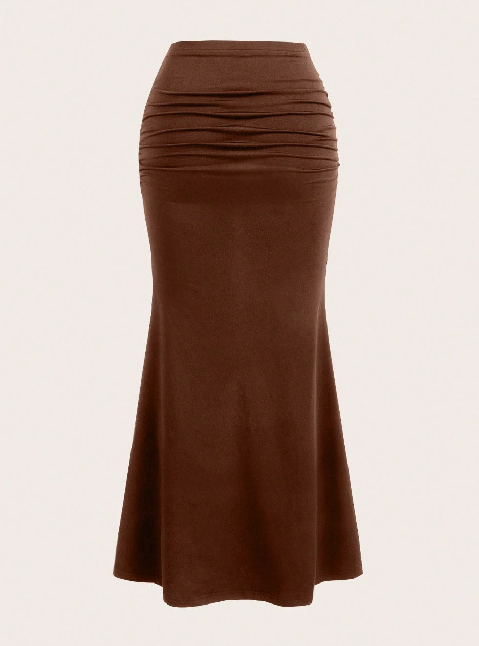 High-waisted ruched midi skirt with flared hem for women