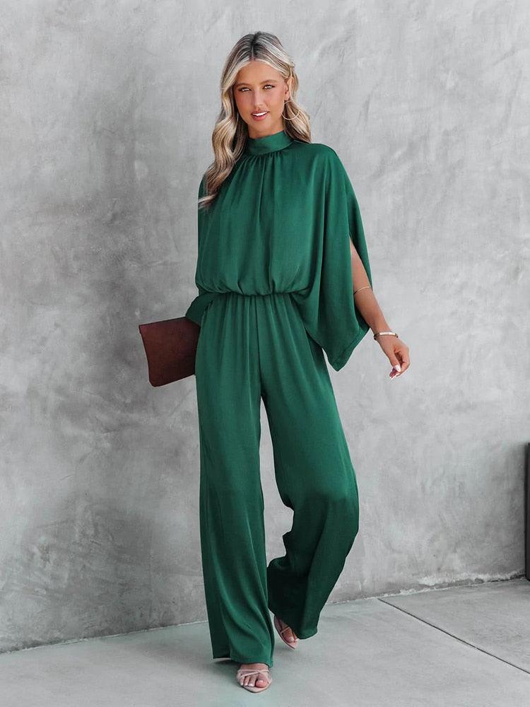 Women's Jumpsuit - High Neck Pleated - Cinched Waist - Wide Leg Flowing Sleeves