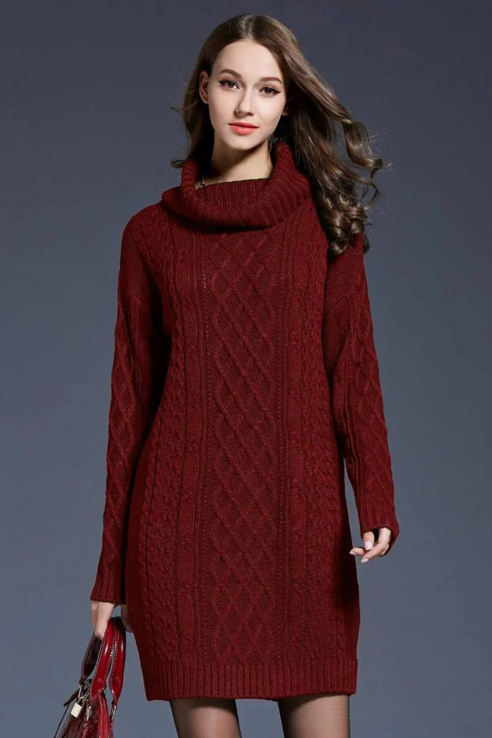 Women's Cable Knit Sweater Dress - Turtleneck - Long Sleeve - Soft Knit