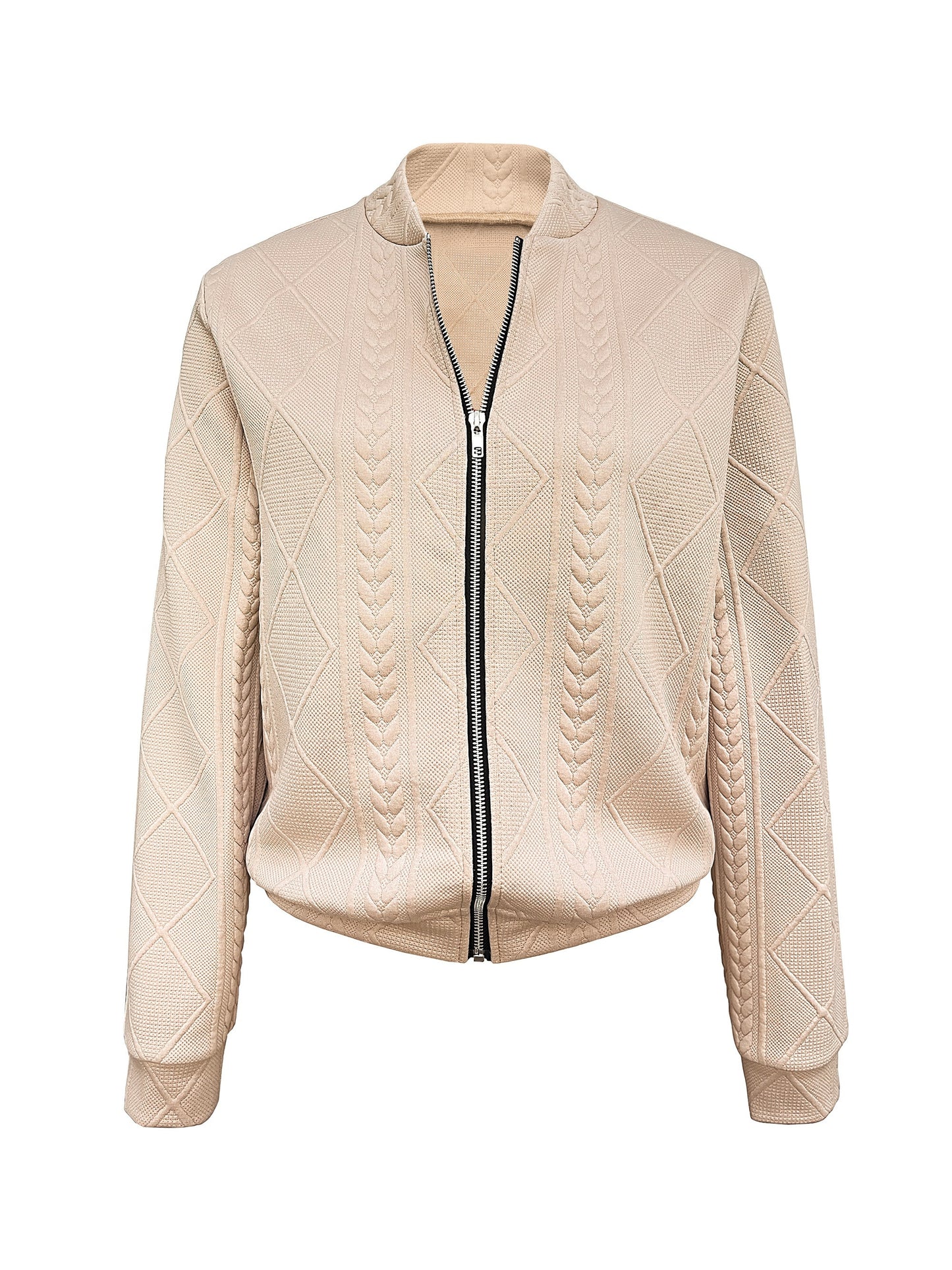 Women's Bomber Jacket - Quilted Knit Texture - Fitted Ribbed Cuffs - Zip Closure