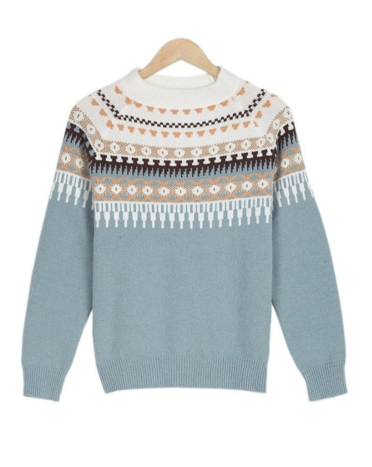 Women’s Knit Sweater - Fair Isle Pattern - Round Neck - Fitted Ribbed Cuffs and Hem