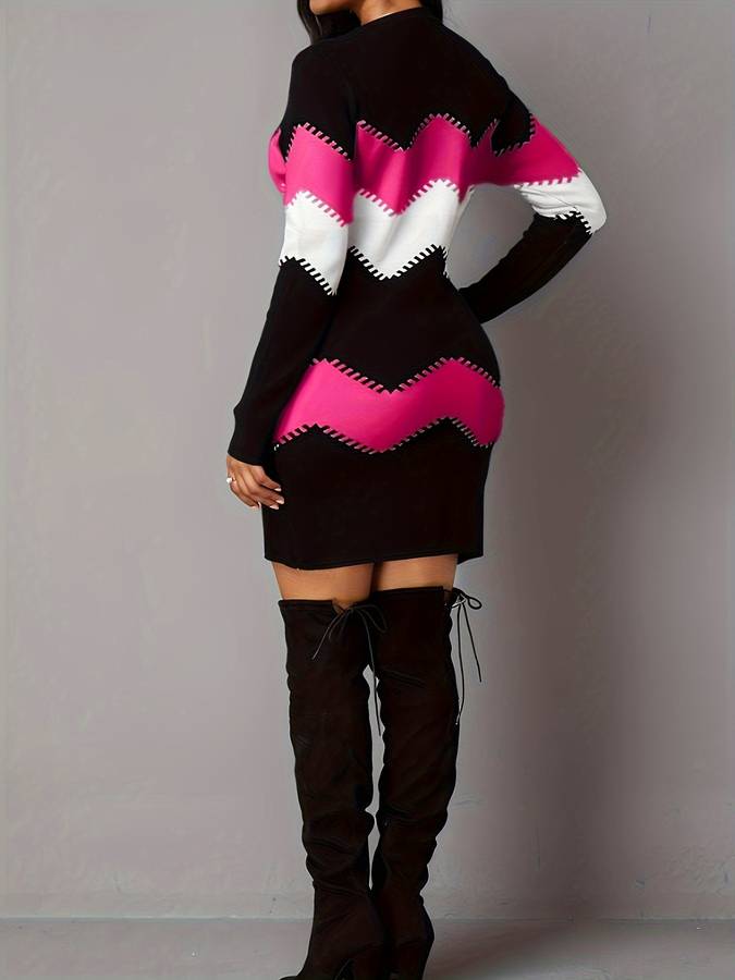 Women's Bodycon Mini Dress - Long Sleeve - Stretch Fabric - Zigzag Pattern