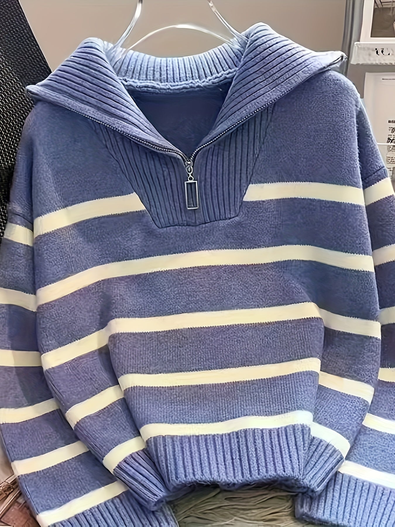 Striped quarter-zip pullover sweater with ribbed collar for women