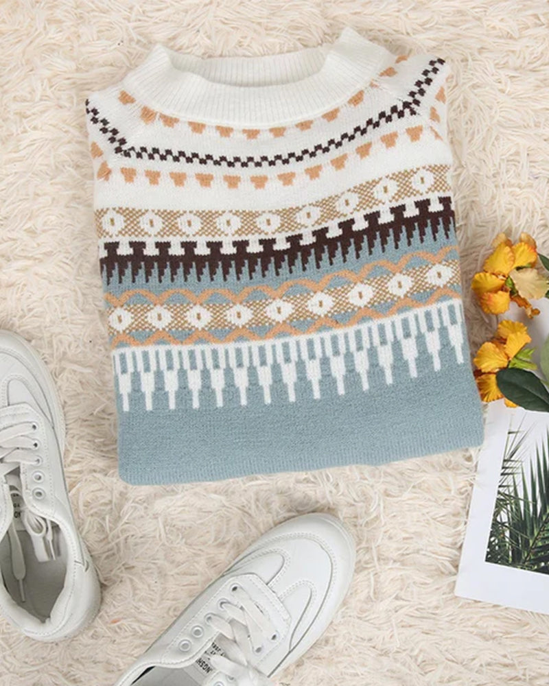 Women’s Knit Sweater - Fair Isle Pattern - Round Neck - Fitted Ribbed Cuffs and Hem