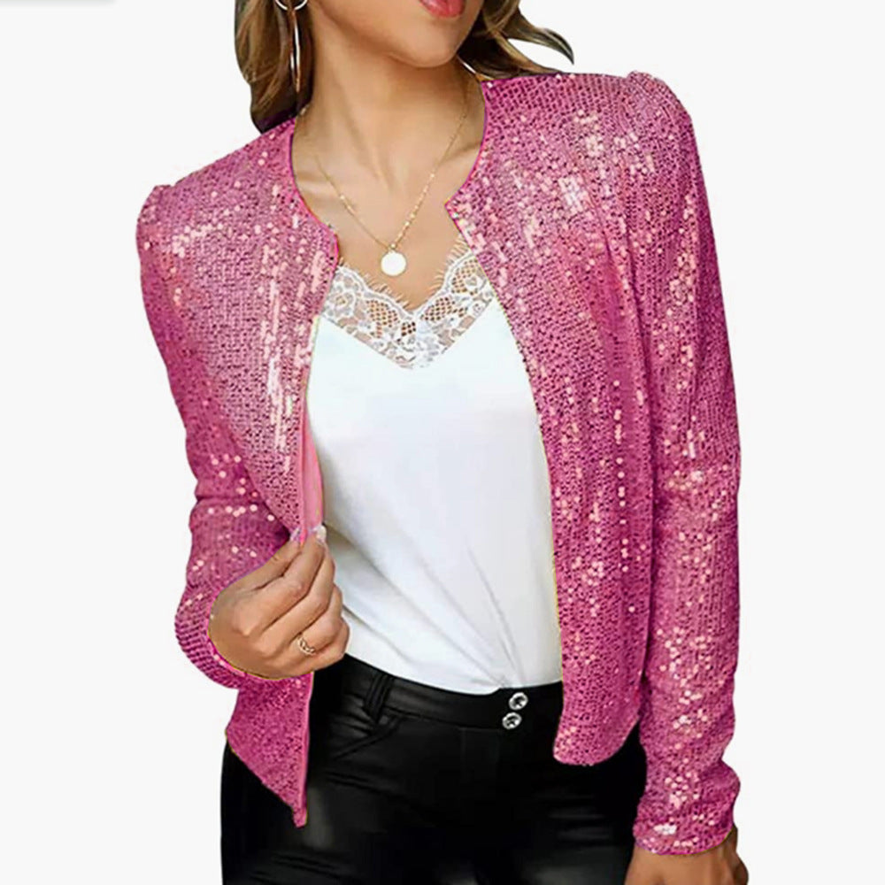Women's Sequin Jacket - Fitted Silhouette - Collarless Design - Long Sleeve Party Wear