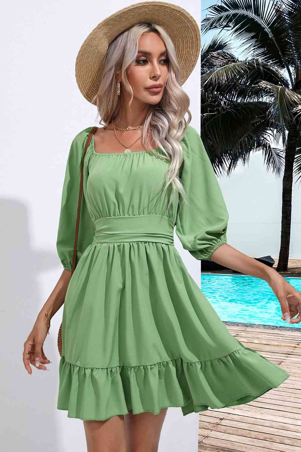 Women's A-Line Dress - Square Neck - 3/4 Sleeve - Ruched Bodice - Tiered Hem