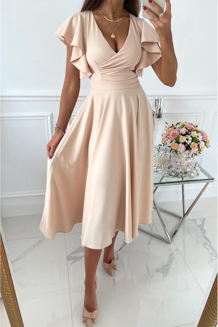 Ruffle Sleeve Fitted A-Line Midi Dress