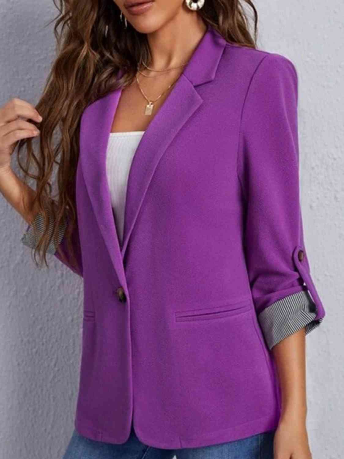 Women's Tailored Blazer - Notched Lapel - Three-Quarter Roll-Tab Sleeves - Open Front