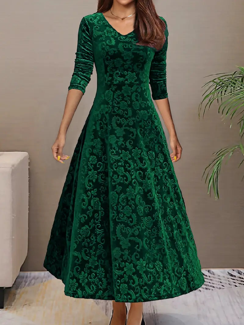 Women's Evening Dress - Velvet A-Line - V-Neck - Three-Quarter Sleeve - Maxi Length