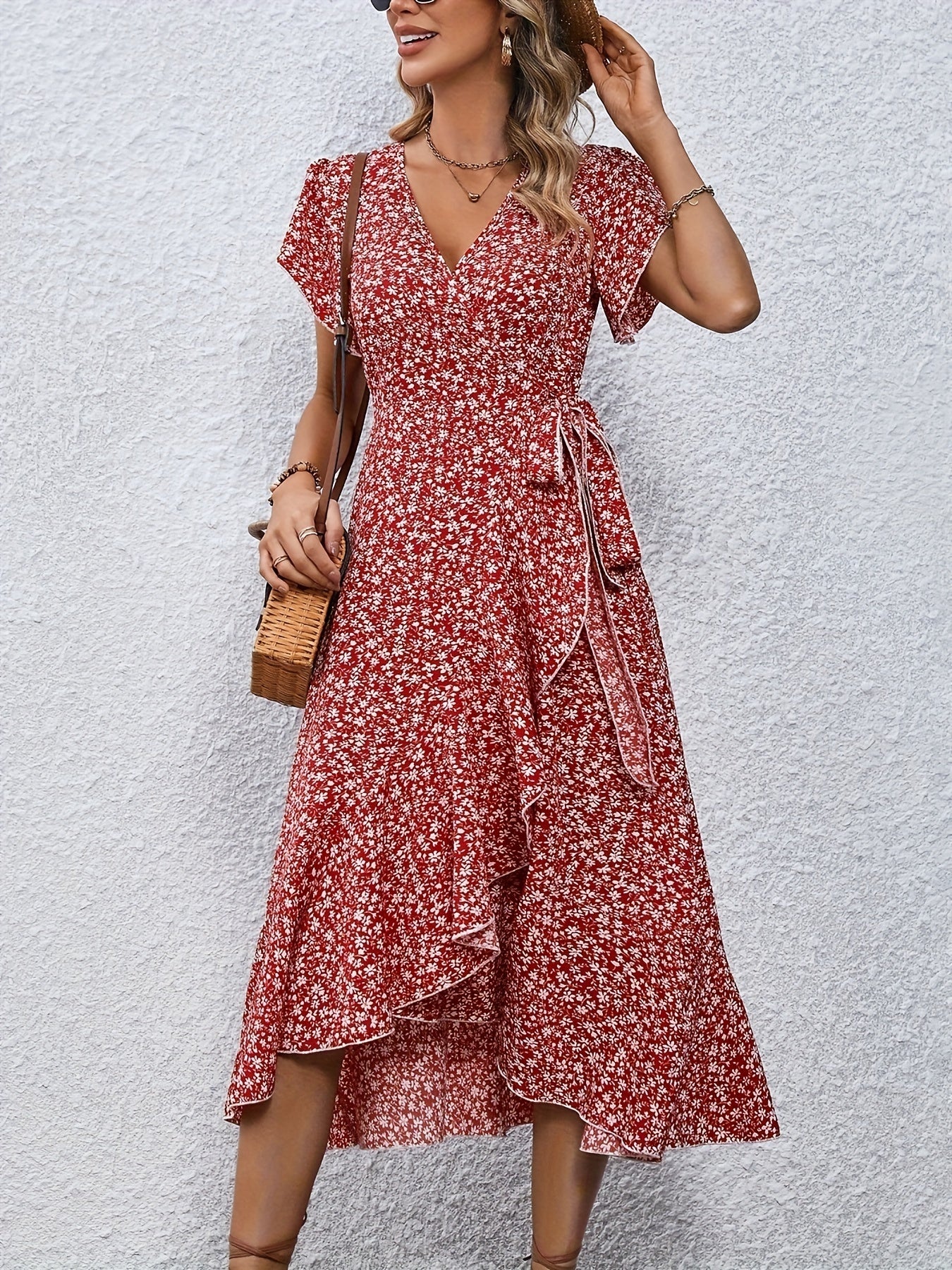 Women's Wrap Dress - Floral Print - V-Neck - Short Ruffle Sleeves - Midi Length