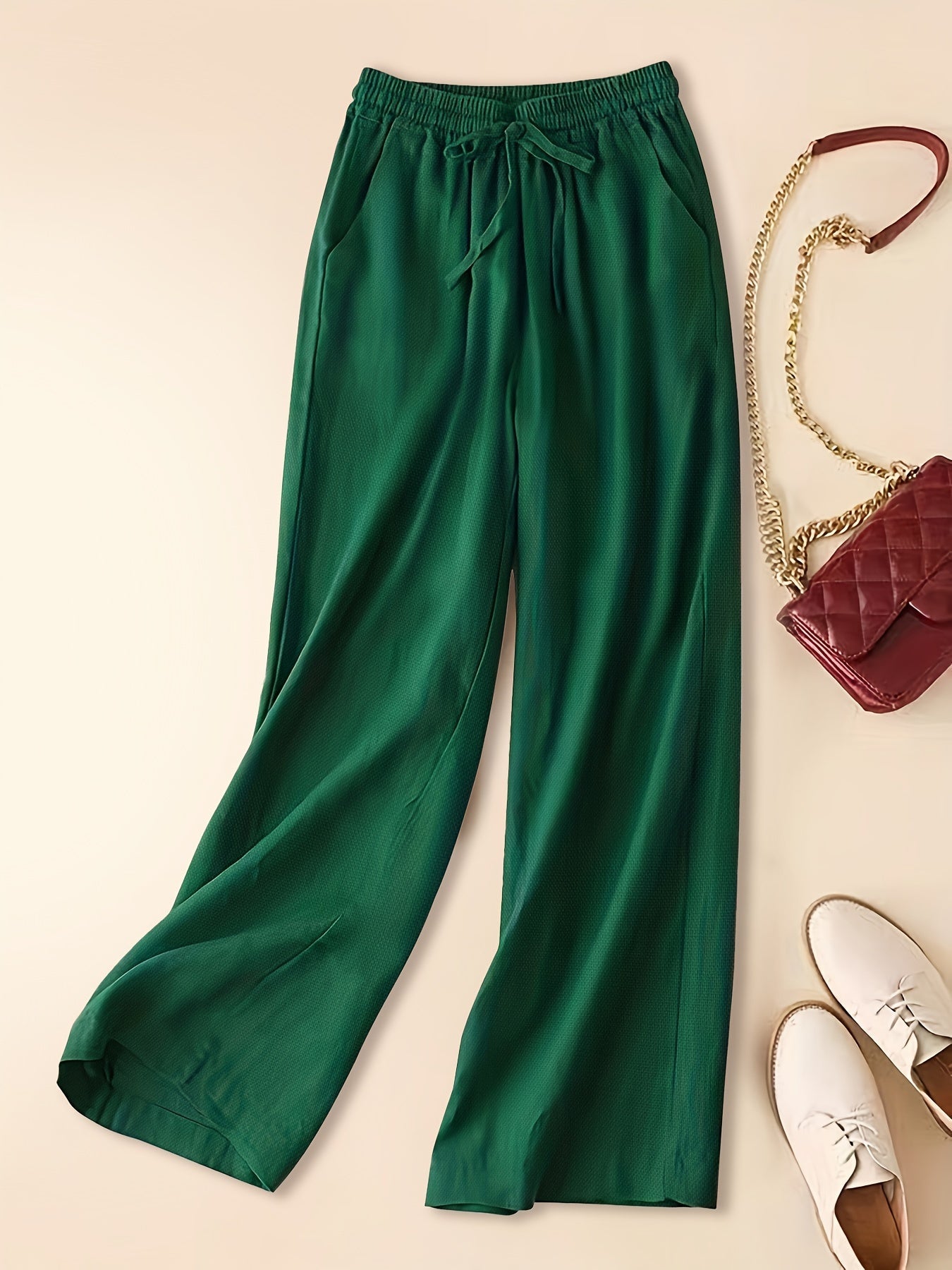 Women's Linen Wide-Leg Pants - Elastic Waist - Lightweight Breathable Fabric - Full Length