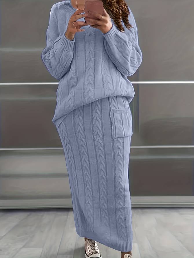 Women’s Knit Sweater and Skirt Set – Cable Pattern – Relaxed Fit – Long Sleeve – Ankle Length