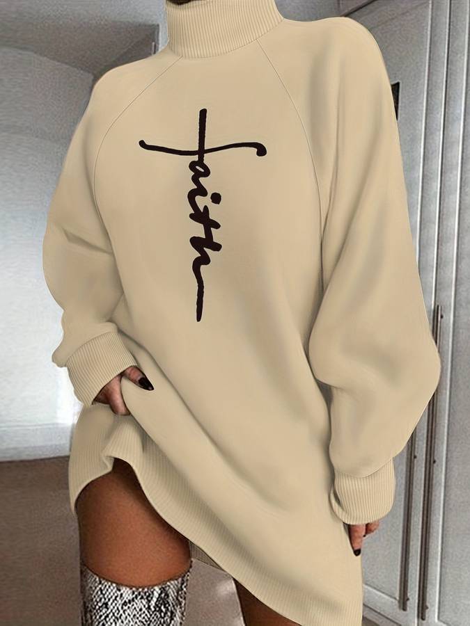 Women's Oversized Turtleneck Sweater Dress – Long Sleeve – Ribbed Hem – Graphic Print