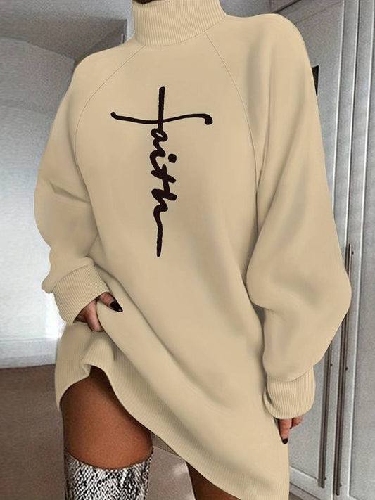 Graphic Print Oversized Turtleneck Sweater Dress