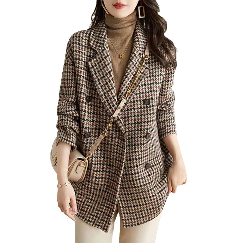 Women's elegant long sleeve loose-fitting  suit collar houndstooth coat