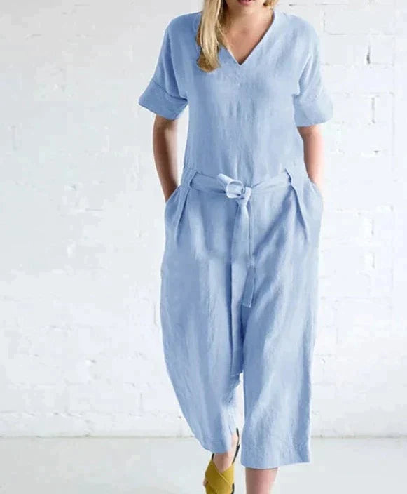 Women's Jumpsuit - V-Neck Short Sleeve - Tie Waist Loose Fit - Cropped Length Casual Wear