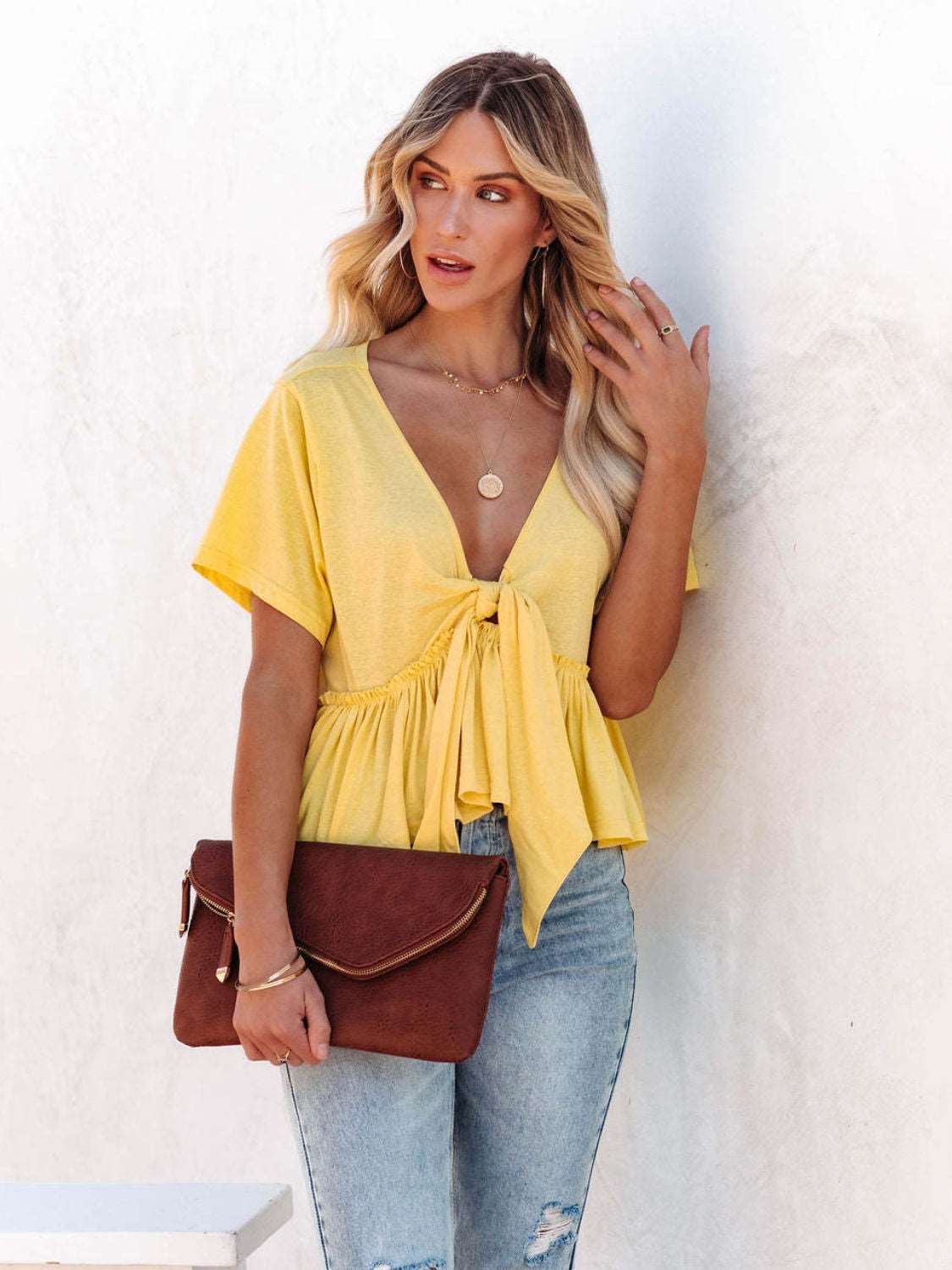 Flowy Tie Front Deep V-Neck Blouse