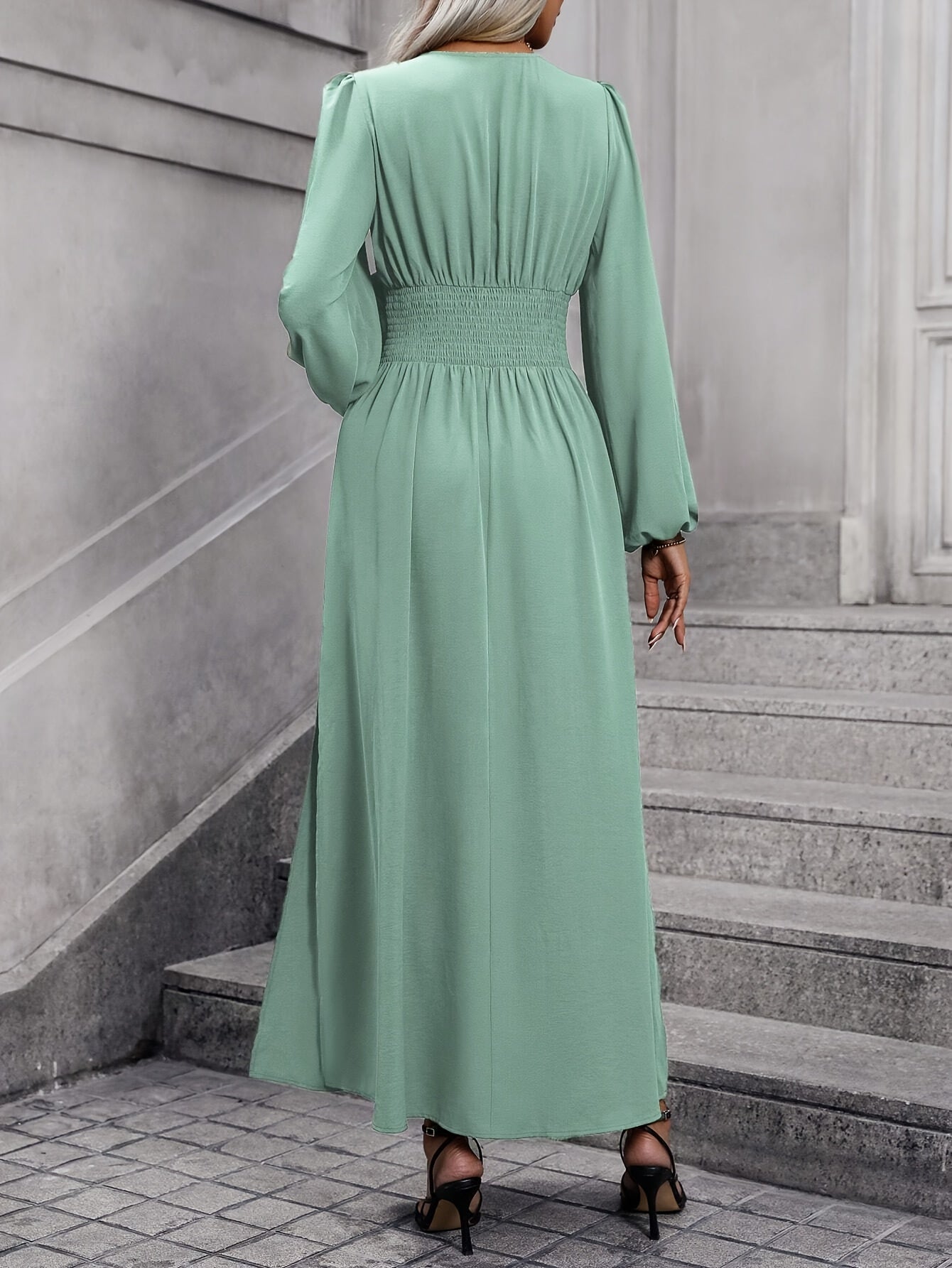 Elegant V-Neck Lantern Sleeve Maxi Dress
