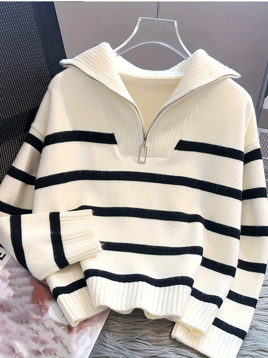 Striped Ribbed Collar Quarter-Zip Pullover Sweater