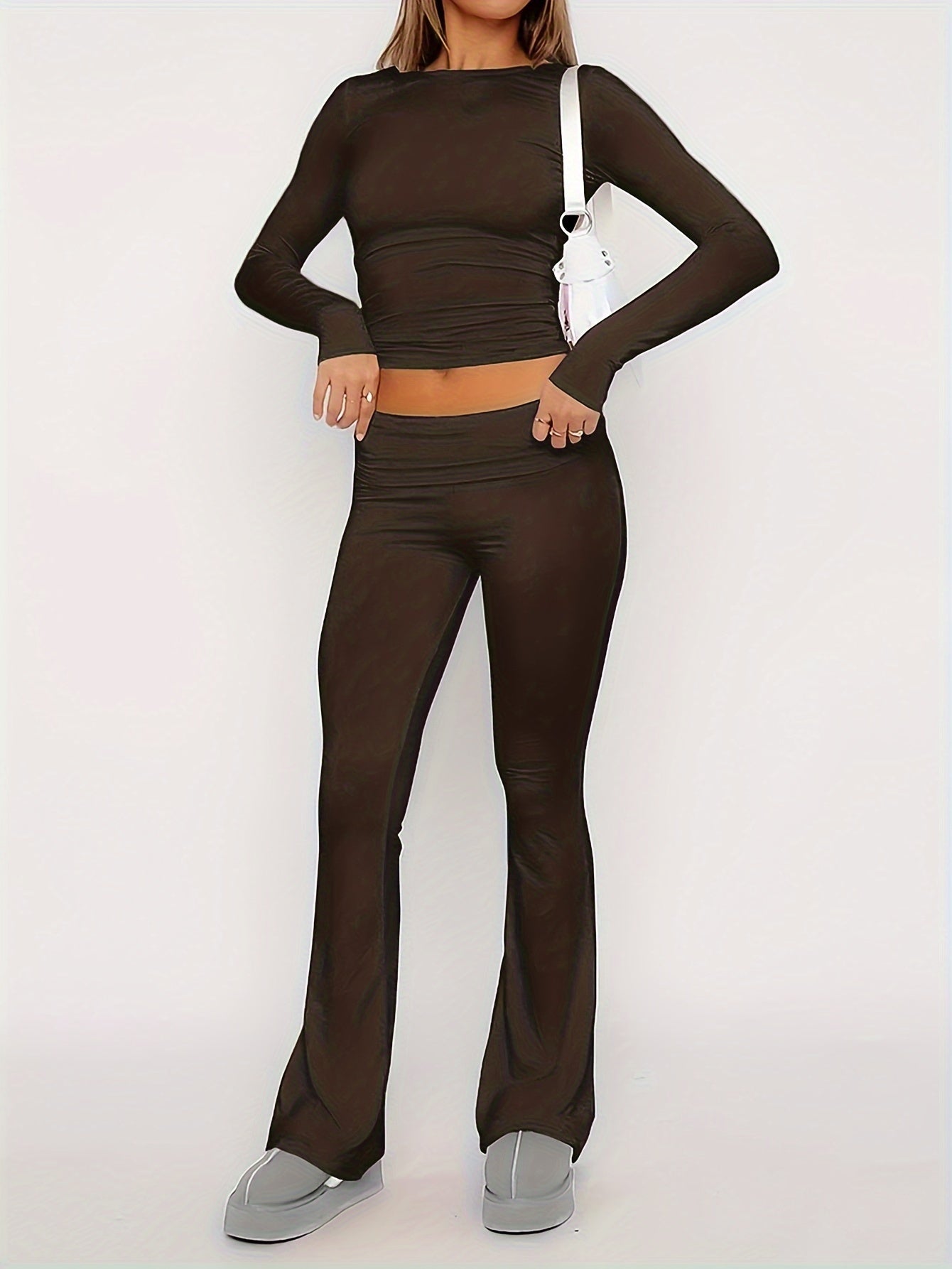 Women’s Two-Piece Set - Long-Sleeve Crew Neck Top & Flared Pants - Slim Fit Casual Wear