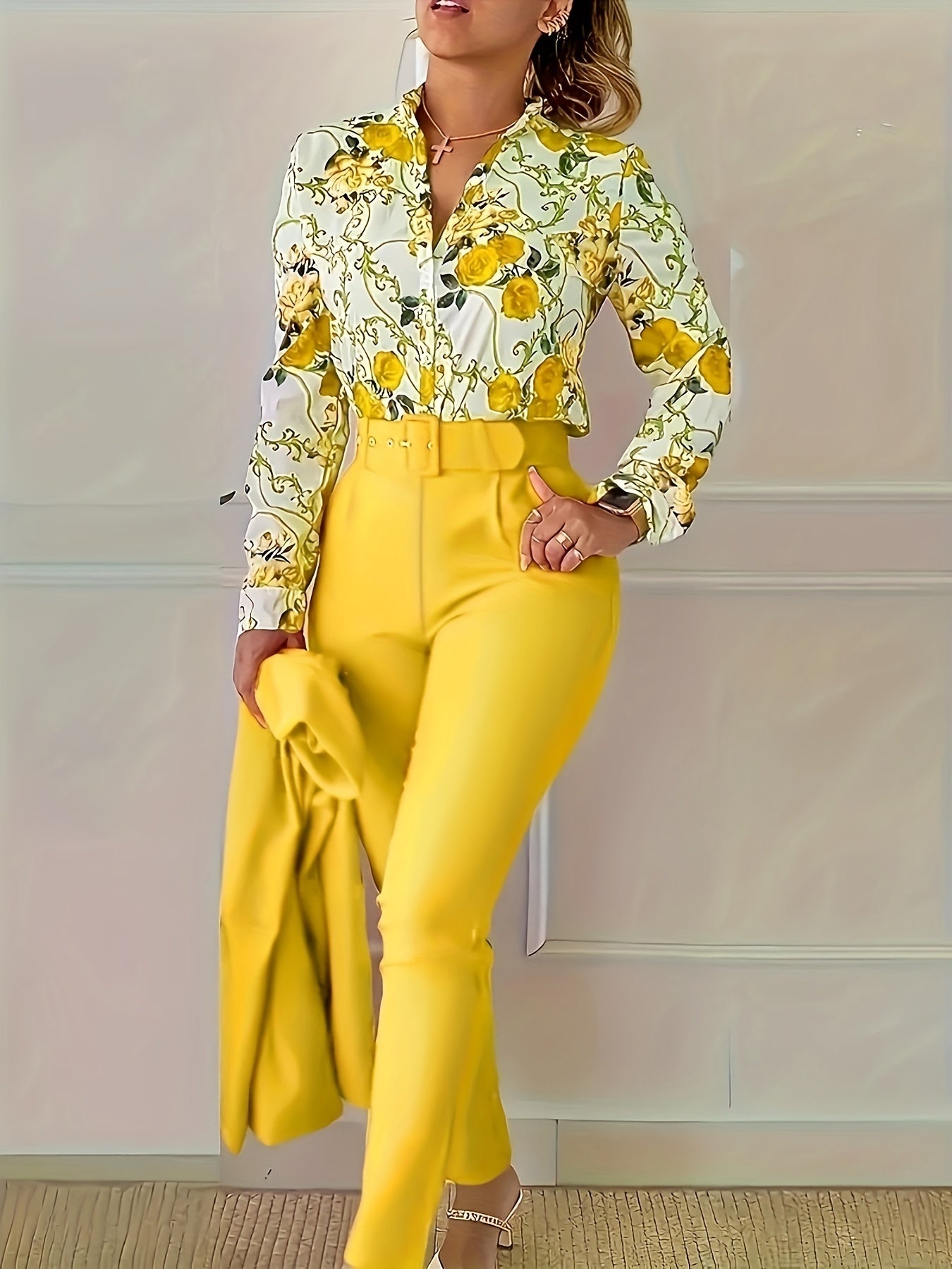 Floral printed long-sleeve shirt and high-waist pants set for women