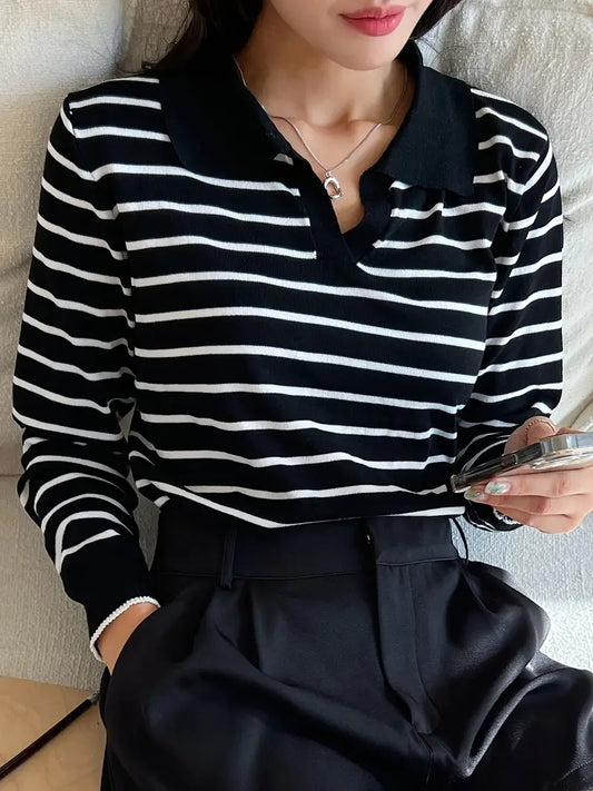 Loose Striped Lapel Sweater