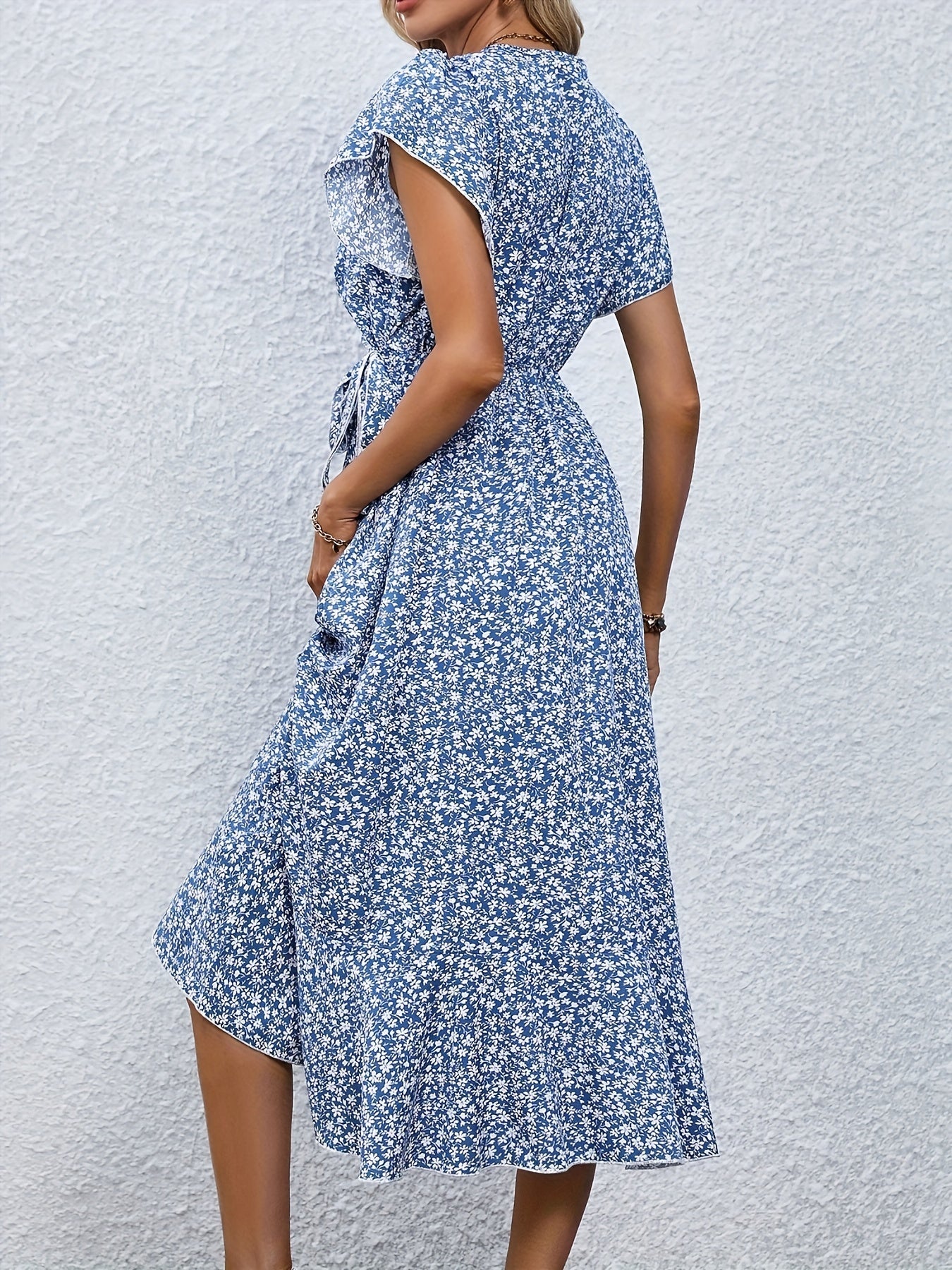 Women's Wrap Dress - Floral Print - V-Neck - Short Ruffle Sleeves - Midi Length