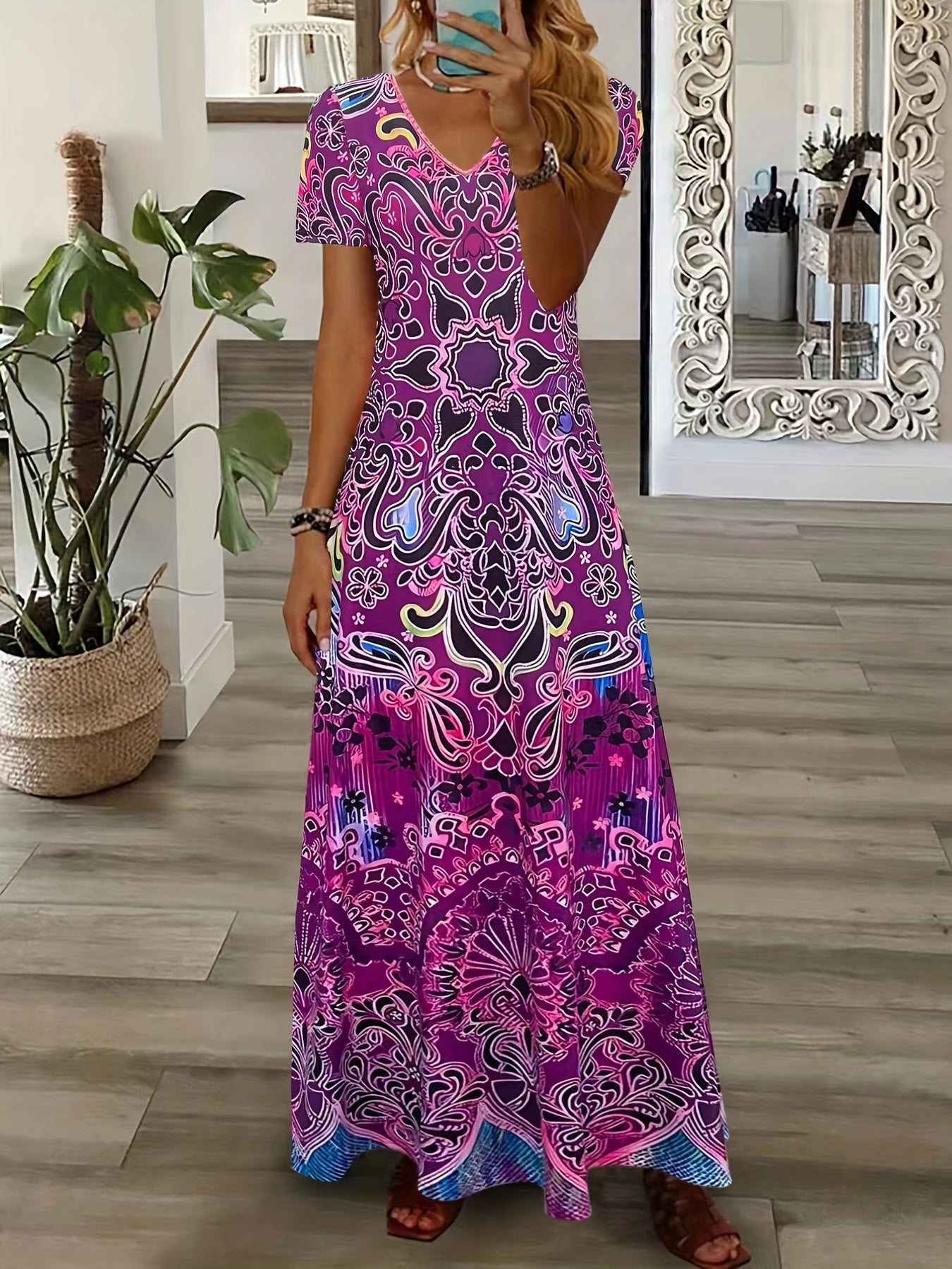 Women's Maxi Dress - V-Neck - Short Sleeve - Bohemian Print - Relaxed Fit