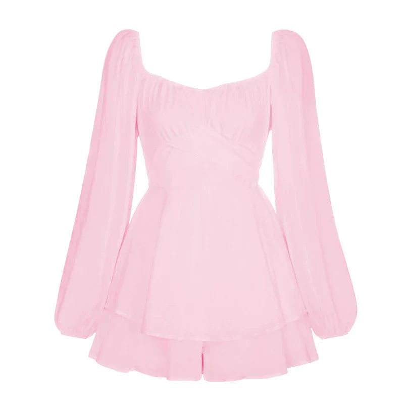 Women's Romper - Square Neckline - Long Puff Sleeves - Tiered Ruffled Skirt