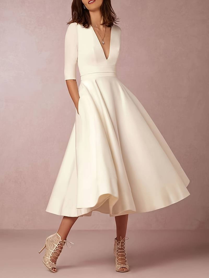 Women’s Midi Dress – Satin-Like Fabric – Fitted Bodice – V-Neck – A-Line Skirt – Elbow Sleeve