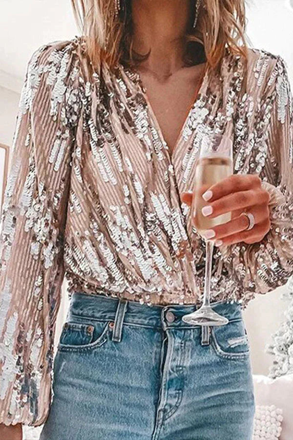 Women’s Blouse – Relaxed Fit – Sequin Embellished – V-Neck – Balloon Sleeve Evening Top
