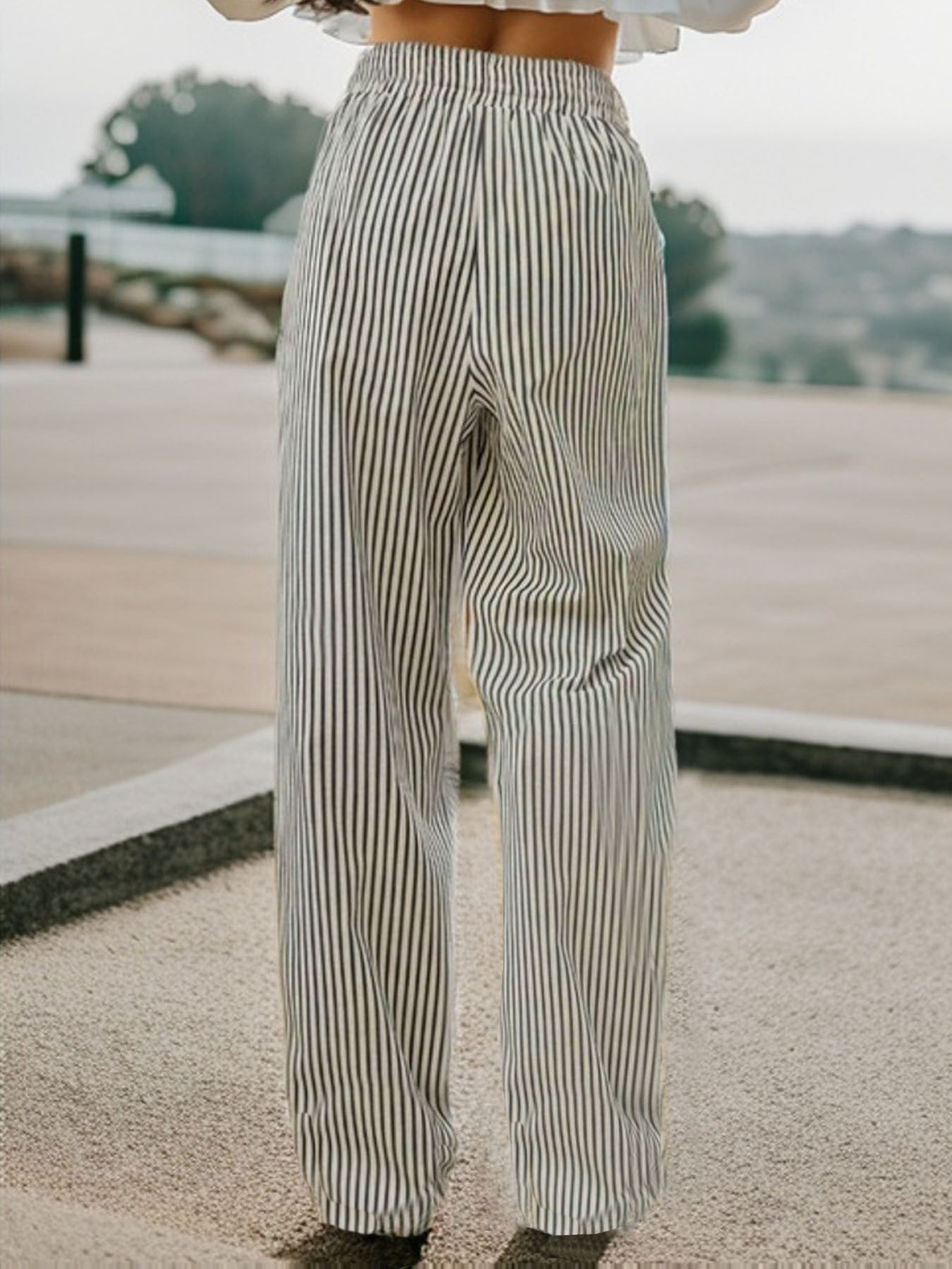 Women's Wide-Leg Pants - High-Waisted - Elastic Drawstring Waist - Striped Casual Fit