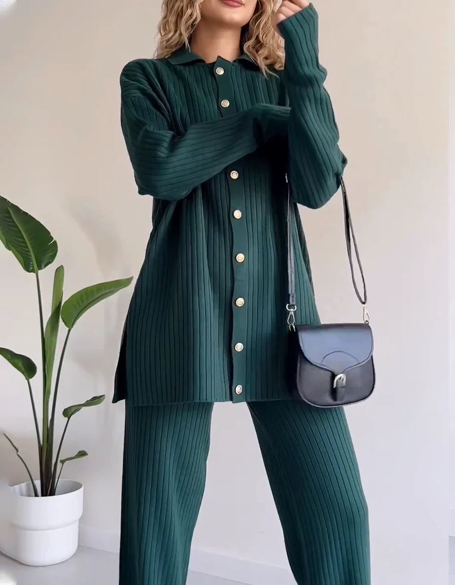 Women's Ribbed Knit Set - Button-Up Cardigan & High-Waisted Wide-Leg Pants