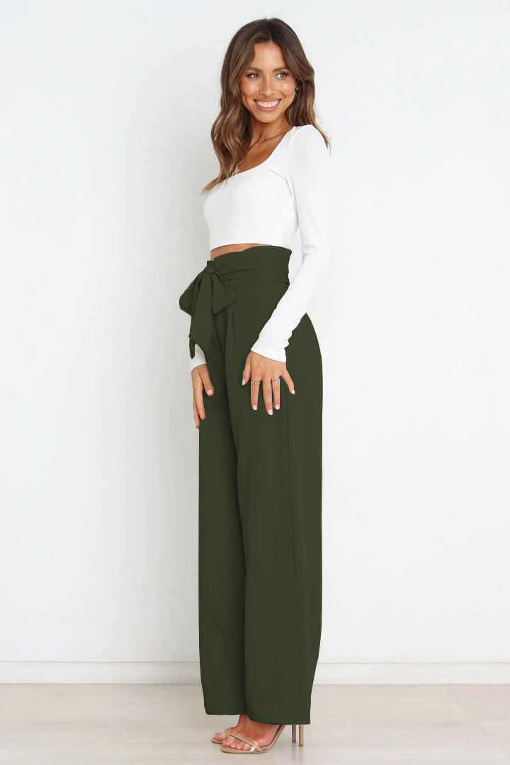 Women’s Wide-Leg Trousers – High Waist – Tailored Fit – Bow Waist Detail – Flowy Fabric