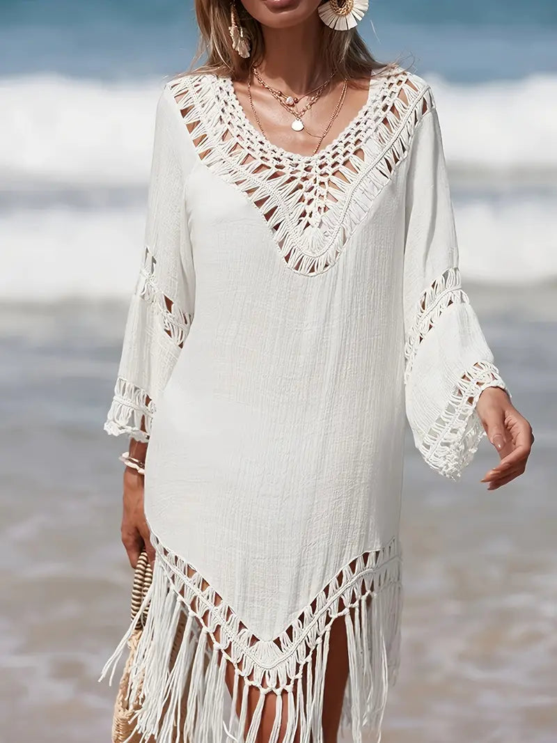 Women's Beach Cover-Up Tunic - Crochet Detail - Lightweight Flowy Fit - Fringe Hem