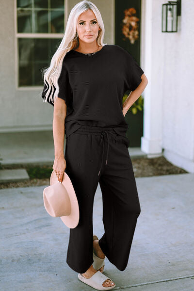 Women's double take textured short sleeve top and pants set