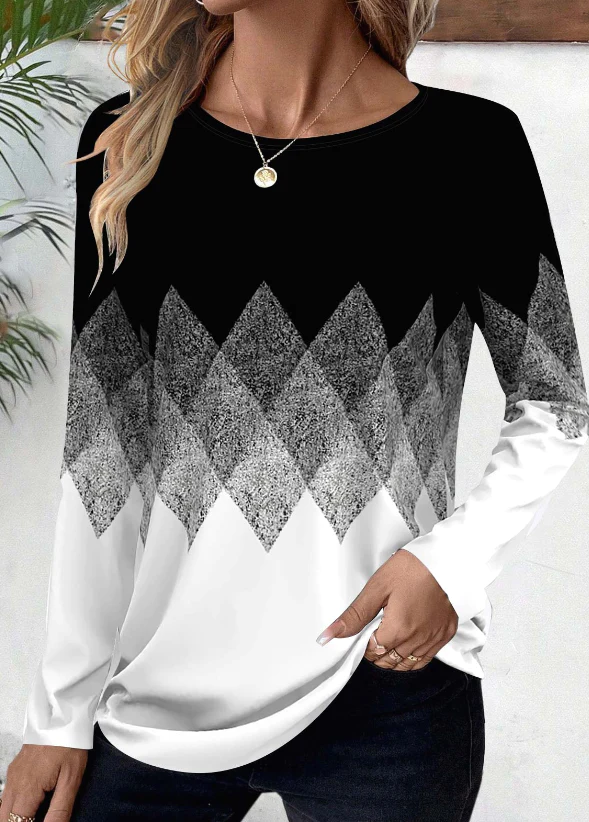Women's chevron pattern printed round neck top