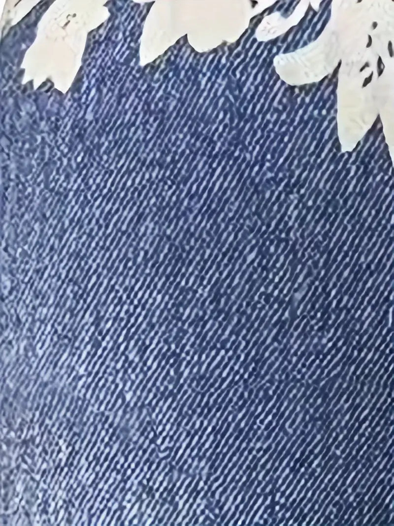 Women's Leggings - Denim Print Stretch Fit - High Waist - Lace Cuff Butterfly Detail