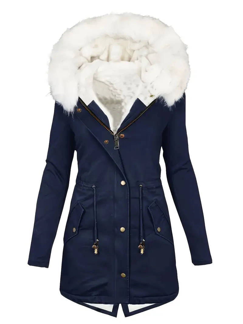 Women's hooded cotton coat with fur collar and waist tie